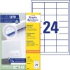 Embalaža z listom etiket: Avery Zweckform univerzalne etikete, Artikel: 3658, format: 64,6 x 33,8 mm, primerno za tiskanje: inkjet, črno-beli laser, barvni laser, vsebina: 2.400 etiket / 100 listov, 24 etiket/list.