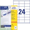 Slika embalaže z listom etiket: Universalne etikete Avery Zweckform, Artikel: 3664, Format: 70 x 33,8 mm, Primernost za tiskalnike: Inkjet, laserski črno-beli, barvni laser, Vsebina: 2.400 etiket / 100 listov, 24 etiket/list.