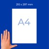 Mockup papirja A4 z roko na modrem ozadju in dimenzijami 210 x 297 mm?