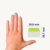 Slika prikazuje roko z urejenimi nohti poleg belega predmeta z zelenim vrhom, poleg katerega so označene mere 50,8 mm in 38,1 mm.