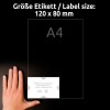 Slika prikazuje roko poleg lista formata A4, ki označuje velikost nalepke 120 x 80 mm, z navodili za namestitev nalepke na list.