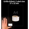 Slika prikazuje roko poleg zvitka praznih etiket, ki označujejo velikost etikete 57 x 32 mm in format A4.