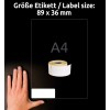 Slika prikazuje zvitek nalepk poleg roke za primerjavo velikosti. Velikost nalepke je določena kot 89 x 36 mm, v ozadju pa je prikazana velikost A4.