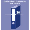 Slika prikazuje specifikacijo velikosti nalepke 30 x 190 mm, z vizualnim prikazom položaja nalepke na hrbtišču veznika.