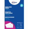 Embalaža vložkov za imenske značke Avery z modrim ozadjem in podrobnostmi o izdelku?