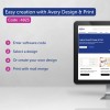 Slika, ki prikazuje programsko opremo Avery Design & Print. Uporabnikom daje navodila za vnos programske kode, izbiro ali ustvarjanje dizajna ter tiskanje etiket ali kartic z uporabo spajanja pošte.