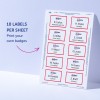 Slika prikazuje list tiskalnih značk z imeni z oznakami za različne vloge, kot so direktor marketinga, inženir, družbena omrežja, produktni vodja in druge. Oblikovanje vključuje logotip podjetja in navodila za tiskanje.