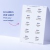 Slika prikazuje list samolepilnih imenovk znamke Avery, ki vsebuje deset nalepk z imeni in delovnimi naslovi, razporejenih v dveh stolpcih. Besedilo na levi poudarja, da je na listu 10 nalepk, in spodbuja uporabnike, da natisnejo svoje lastne priponke.