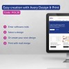 Slika vsebuje promocijsko sporočilo za Avery Design & Print, ki navaja štiri korake za uporabo: vnos programske kode, izbira ali ustvarjanje dizajna ter tiskanje z združevanjem pošte skupaj s kodo označeno POL30.