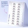 Slika prikazuje list Avery vložnih nalepk z imenom 'Paul Meyer'. Na listu je skupno 90 vložkov, razporejenih v vrsticah in stolpcih, ter opomba, ki označuje možnost tiskanja lastnih vložkov.
