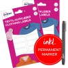 Embalažna slika s permanentnim markerjem: Avery, tekstilne etikete, artikel: ETVET36X2PEN, format: 13 x 45 mm, vsebina: 72 etiket / 4 listi, 18 etiket/ list.