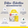 Slika prikazuje embalažo izdelka za bele nalepke na zvitku Avery Zweckform, ki so združljive z Dymo LabelWriter. Izpostavlja značilnosti, kot so 100% garancija vračila denarja, blagovna kakovost po nizki ceni in trajnostni papir.