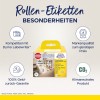Slika prikazuje embalažo za Avery Zweckform kolutne nalepke. Izpostavlja združljivost z Dymo Labelwriters, ponuja visoko kakovost po nizki ceni, 100% garancijo za vračilo denarja in poudarja lastnosti podnebno nevtralnega izdelka.