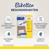Slika prikazuje embalažo za Avery Zweckform ultra grip etikete, ki vsebuje informacije o enostavnem oblikovanju, brez zatikanja pri tiskanju, trajnostnem papirju in da je izdelek izdelan v Nemčiji.
