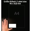 Slika prikazuje roko poleg oznake velikosti za papir A4, ki navaja dimenzije 96 x 50,8 mm.