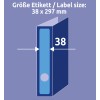 Slika prikazuje zbirni blok z dimenzijami, označenimi kot 38 x 297 mm, kar označuje velikost za nalepko.