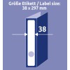 Slika prikazuje etiketo velikosti 38 x 297 mm, ki je označena poleg oblike mape, kar ponazarja, kako etiketa ustreza hrbtišču mape.