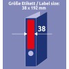 Slika prikazuje specifikacijo velikosti nalepke 38 x 192 mm, prikazano na fasciklu. Vključuje rdečo nalepko na hrbtu z označenimi dimenzijami, ki poudarjajo širino 38 mm.