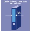 Slika prikazuje nalepko velikosti 38 x 192 mm, ilustrirano z grafiko mape. Dimenzije so poudarjene v čistem, jasnem dizajnu z modrim ozadjem.