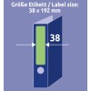 Slika prikazuje diagram, ki označuje velikost nalepke 38 x 192 mm, zeleno območje predstavlja nalepko, puščice pa kažejo meritve.