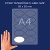 Slika prikazuje list z nalepkami, označen z roko za referenco velikosti. Prikazuje velikost nalepke 85 x 50 mm in označuje format papirja A4.