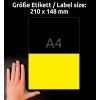 Slika prikazuje oznako z dimenzijami 210 x 148 mm, pri čemer roka počiva na rumeni oznaki, ki je oblikovana v velikosti A4. Zgornja polovica je črna, besedilo pa je v nemščini in označuje velikost oznake.