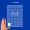 Mreža na listu A4 s kvadrati velikosti 35×35 mm, z enim belim kvadratom in roko spodaj levo?