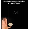 Slika prikazuje roko, ki drži etiketo velikosti 63,5 x 42,3 mm, z vidno oznako 'A4'. Ozadje je črno.
