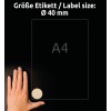 Slika prikazuje roko poleg lista papirja velikosti A4 z označeno velikostjo okrogle nalepke Ø 40 mm. Ozadje je črno, besedilo pa prikazuje velikost nalepke tako v nemščini kot v angleščini.