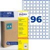 Večnamenski paket etiket Avery Ultragrip, ki prikazuje 96 modrih kvadratnih etiket in embalažo?