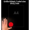 Slika prikazuje roko poleg nalepke velikosti A4 z rdečim krožnim dizajnom s premerom 63,5 mm. Na njej je besedilo v nemščini, ki označuje velikost nalepke.
