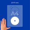 Roka poleg grafike lista A4, ki prikazuje dva okrogla diska premera 117 mm?