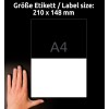 Slika prikazuje roko poleg oznake z dimenzijami in velikostjo, označeno kot A4. Velikost oznake je 210 x 148 mm, predstavljena na črnem ozadju.