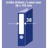 Slika prikazuje specifikacijo velikosti nalepke za mapo, ki navaja dimenzije 38 x 192 mm.