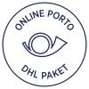 Slika prikazuje krožni logotip ali žig, ki ima na vrhu napis 'ONLINE PORTO' in na dnu 'DHL PAKET', v sredini pa je grafika, ki spominja na oko.