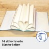 Slika prikazuje odprto knjigo z edinstvenimi stranmi v obliki srca, ki prikazuje 16 s silikonom prevlečenih praznih strani, ob tem pa je prikazana ikona zloženega papirja.